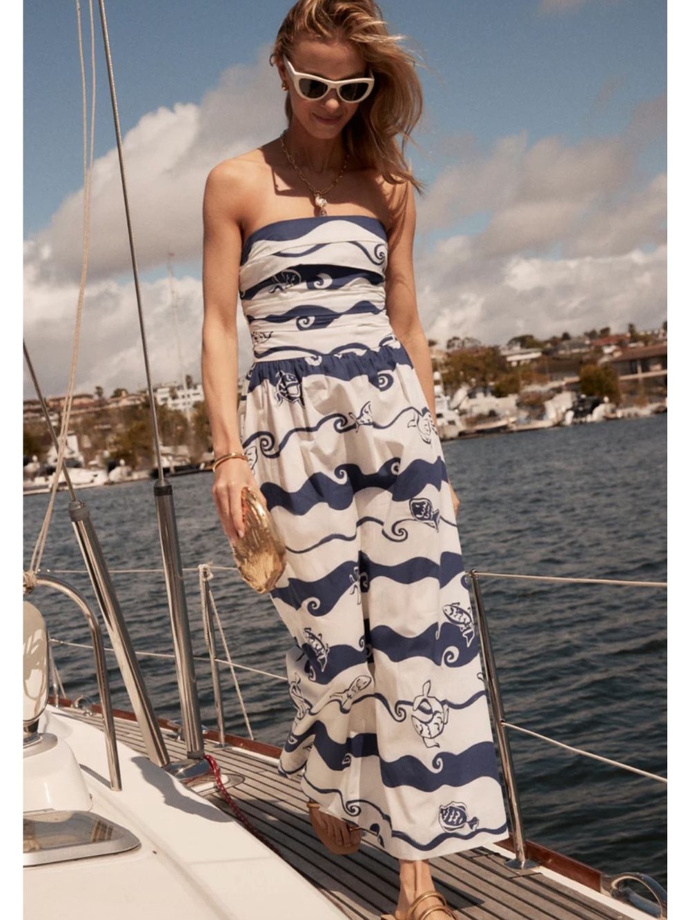 Strapless Navy and White Wave-Print Maxi Dress